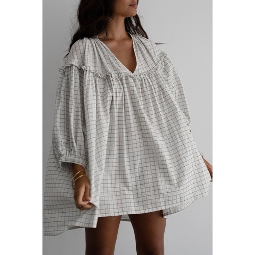 White Stripe Checkered Frilled V Neck Bracelet Sleeve Babydoll Dress - M - Main Image