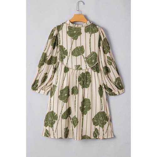 Guacamole Green Floral Striped Print Contrast Piping Puff Sleeve Dress - L - Main Image