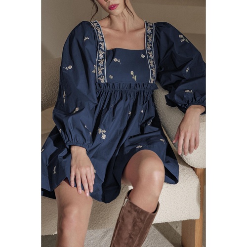 Blue Floral Embroidered Square Neck Puff Sleeve Ruffled Mini Dress - L - Main Image
