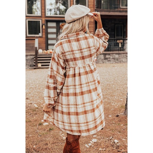 Brown Plaid Print Side Pockets Frilled Babydoll Mini Dress - S - Main Image