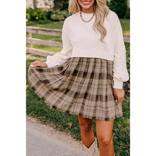 Beige Plaid Patchwork High Waist Sweatshirt Mini Dress - XL - Main Image