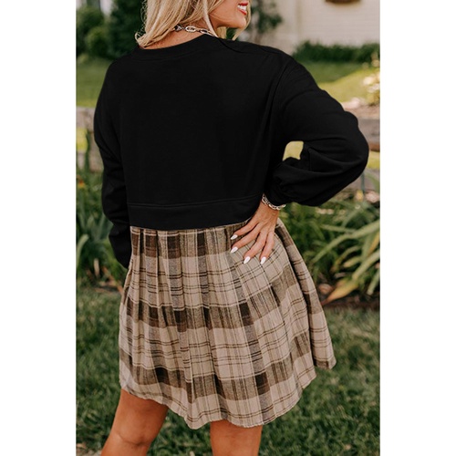 Black Plaid Patchwork High Waist Sweatshirt Mini Dress - M - Main Image