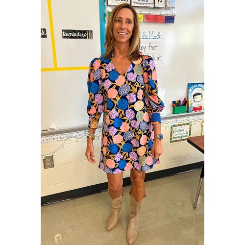 Navy Blue Hydrangea Floral Print Bishop Sleeve V Neck Shift Dress - S - Main Image