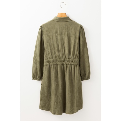 Jungle Green Textured Bracelet Sleeve Collared Button Up Dual Tied Mini Dress - S - Main Image