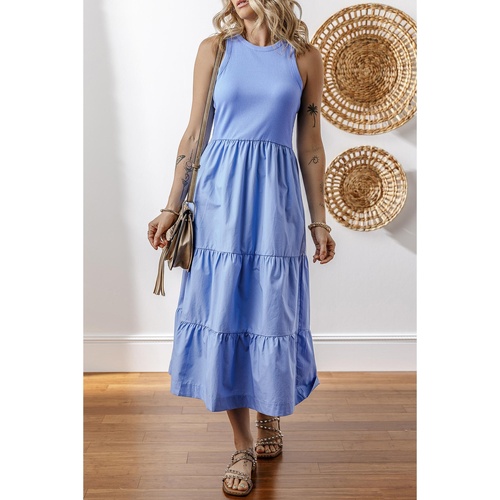Myosotis Ribbed Vest Patchwork Tiered Midi Dress with Pockets - L - Main Image