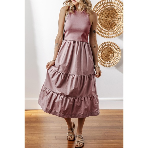 Sepia Rose Ribbed Vest Patchwork Tiered Midi Dress with Pockets - L - Main Image