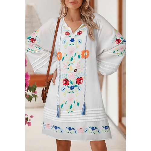 White Floral Print Boho Tassel Tie Split Neck Tucking Detail Puff Sleeve Mini Dress - M - Main Image