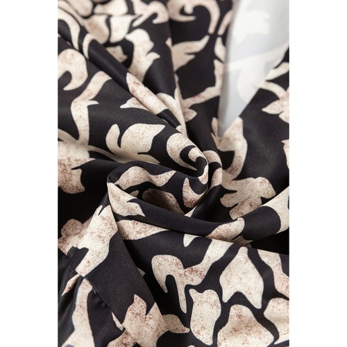 Black Retro Floral Mixed Print Split Neck A-line Dress - M - Main Image