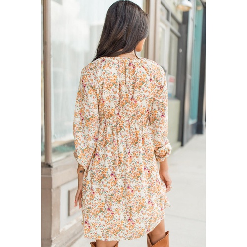 Yellow Boho Floral V Neck Ruffled Empire Waist Long Sleeve Mini Dress - L - Main Image