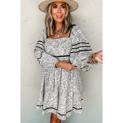 Gray Floral Print Open Back Balloon Sleeve Square Neck Mini Dress - L - Main Image