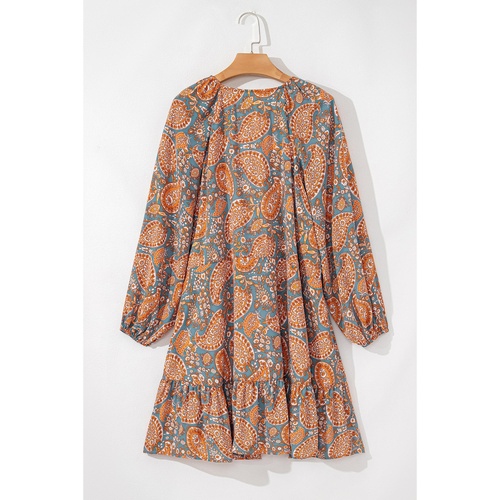Orange Paisley Print Loose Fit Drawstring High Waist Mini Dress - L - Main Image