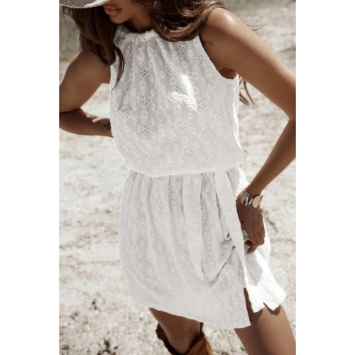 White Lace Sleeveless Knot Hollow Out Back Tied Waist Mini Dress - M - Main Image