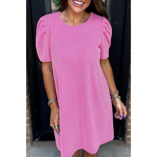 Bright Pink Corded Knit Crew Neck Puff Sleeve Shift Mini Dress - L - Main Image