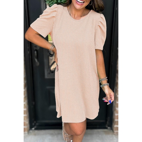 Parchment Corded Knit Crew Neck Puff Sleeve Shift Mini Dress - L - Main Image