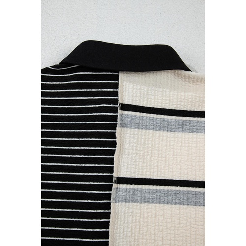 Black Stripe Colorblock Knit Henley Collar Shift Long Sleeve Mini Dress - L - Main Image