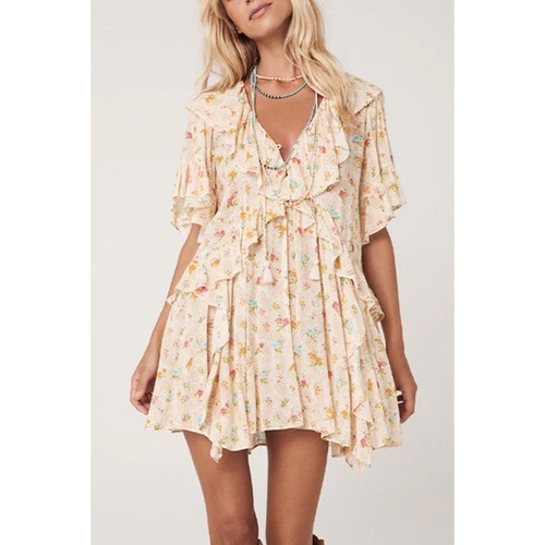 Apricot Boho Floral Tassel Tie V Neck Ruffle Wide Sleeve Mini Dress - M - Main Image