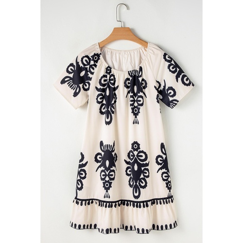 Apricot Western Print Ruffled Short Sleeve Loose Dress - L - Main Image