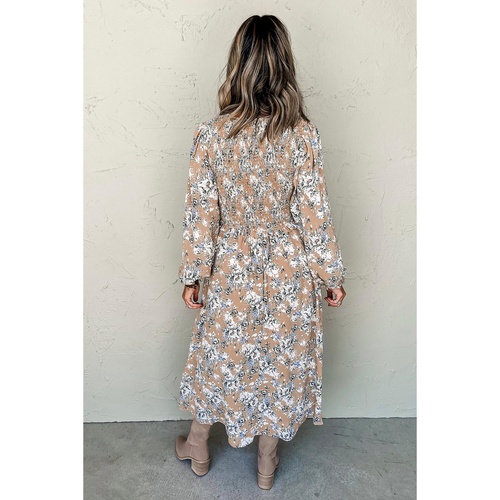 Khaki Maple Grove Floral Smocked Puff Sleeve Long Dress - L - Main Image