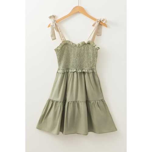Laurel Green Smocked Bodice Self-tie Straps A-line Ruffled Mini Dress - L - Main Image