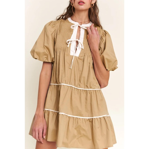 Pale Khaki Contrast Trim Pintuck Puff Sleeve Tied Neck Short Dress - L - Main Image