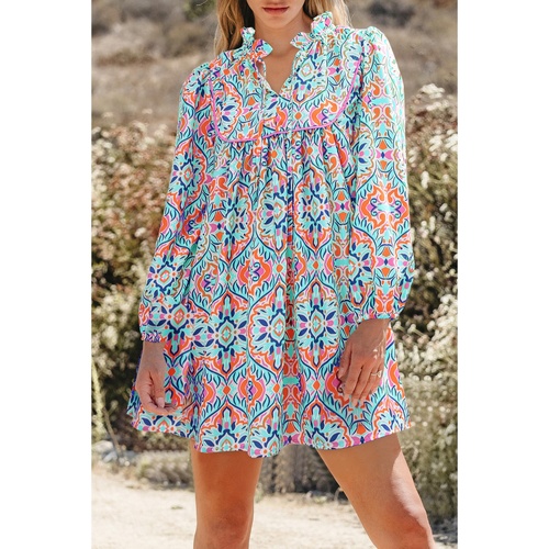 Sky Blue Abstract Printed Long Sleeve Tied Neckline Mini Dress - L - Main Image