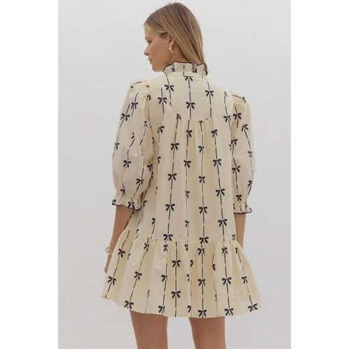 Beige Cute Bowknot Printed Bubble Sleeve V Neck Mini Dress - L - Main Image