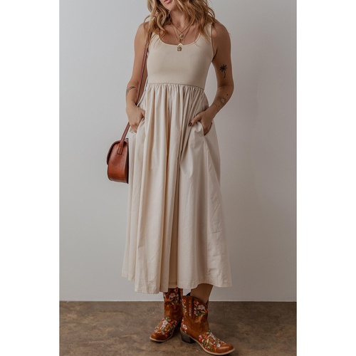 Beige Scoop Neck Ribbed Bodice Pleated Sleeveless Long Dress - S - Main Image