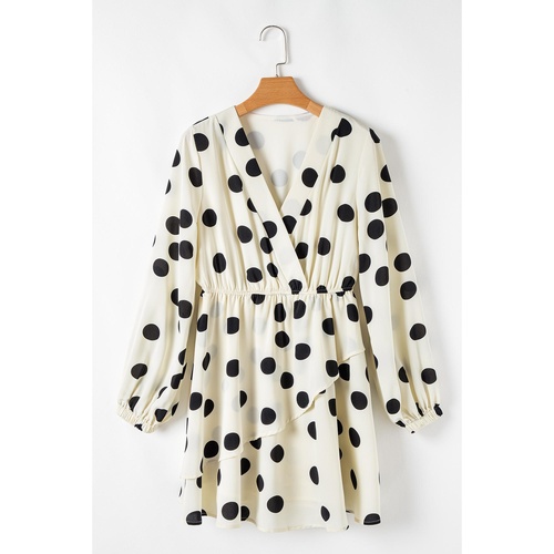 Beige Polka Dot Printed Surplice V Neck Puff Sleeve Mini Dress - L - Main Image