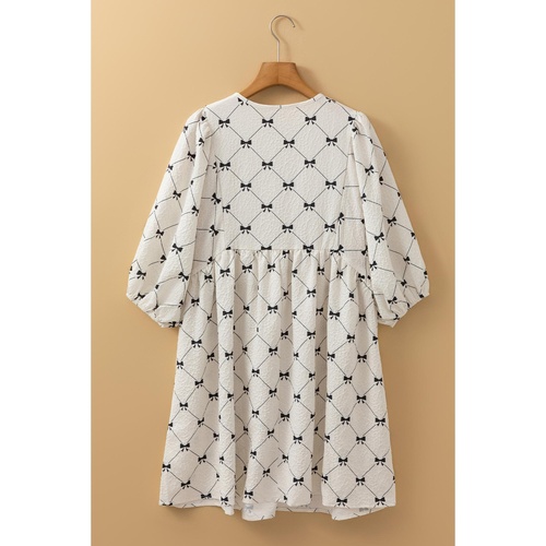 White Bowtie Pattern Textured Puff Half Sleeve Loose Mini Dress - M - Main Image