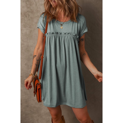 Mist Green Frilled Gathered Seam Round Neck T Shirt Dress - M - Main Image