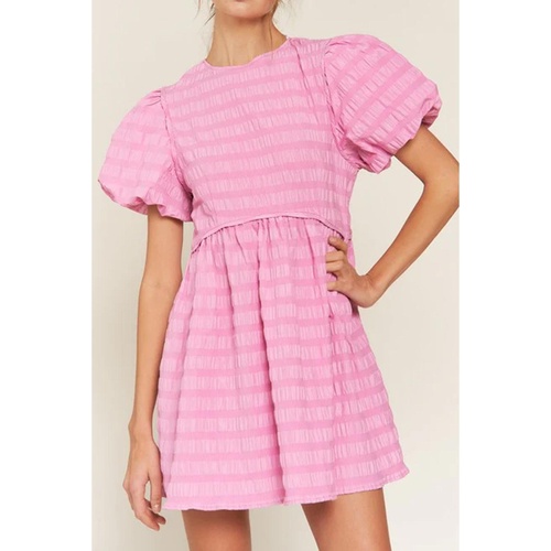 Bonbon Textured Bubble Sleeve High Waist Mini Dress - L - Main Image