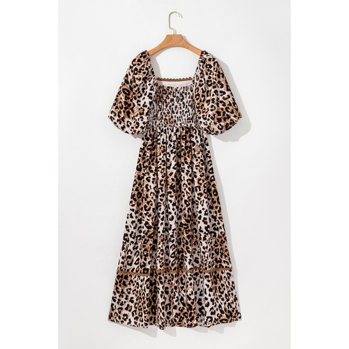 Brown Leopard Print Bubble Sleeve Square Neck Maxi Dress - L - Main Image