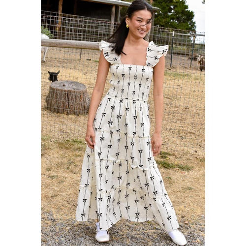 Black Bow Print Smocked Square Neck Ruffle Tiered Maxi Dress - XL - Main Image