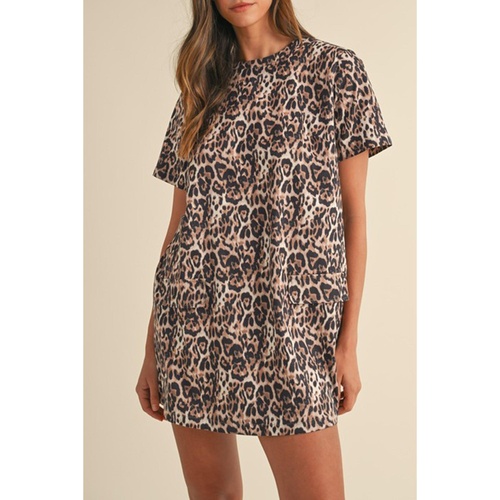 Brown Leopard Print Crew Neck Shift Short T Shirt Dress - L - Main Image
