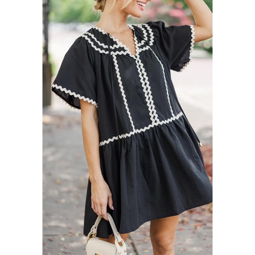 Black Contrast Ricrac Trim Short Sleeve V Neck Loose Mini Dress - XL - Main Image