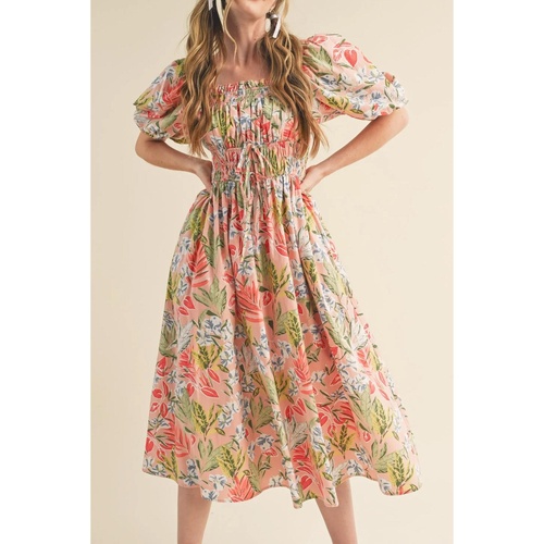 Apricot Pink Floral Smocked Bust Bubble Short Sleeve Maxi Dress - L - Main Image