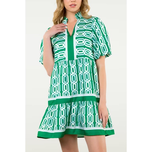 Bright Green Abstract Patterned V Neck Puff Short Sleeve Mini Dress - M - Main Image