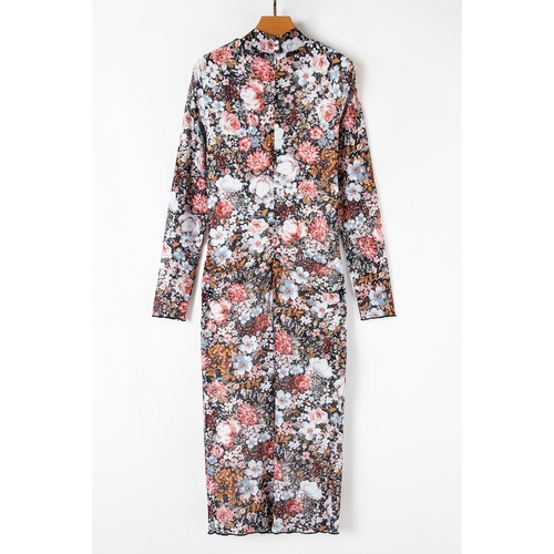 Brown Floral Allover Print Mock Neck Bodycon Long Sleeve Midi Dress - L - Main Image