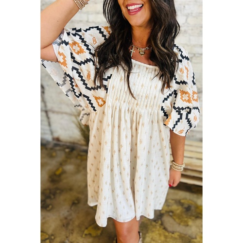 Beige Western Aztec Print Pleated Square Neck Loose Mini Dress - L - Main Image