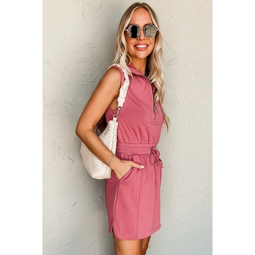 Mineral Red French Terry Zipped Collar Sleeveless Drawstring Waist Mini Dress - XL - Main Image