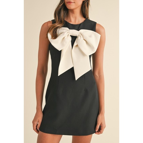 Black Contrast Bowknot Applique Crew Neck Sleeveless Mini Dress - M - Main Image