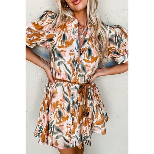Brown Abstract Printed Puff Sleeve Button Up Braided Belt Mini Dress - L - Main Image