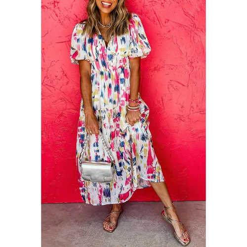 Rose Abstract Print Short Puff Sleeve Tiered Maxi Dress - M - Main Image