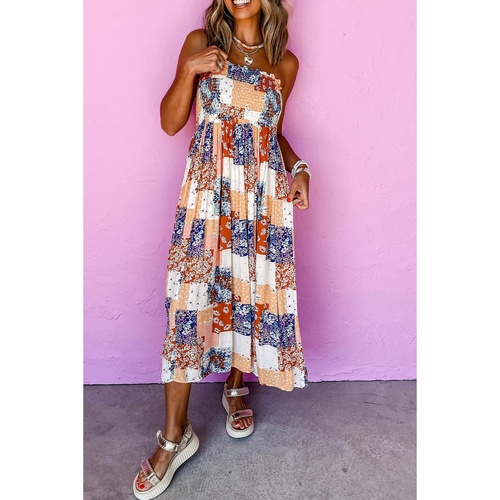 Orange Floral Patchwork Printed Frilled Bandeau Smocked High Waist Long Dress - XL - Main Image