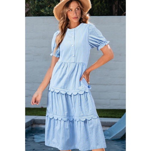 Sky Blue Stripe Bubble Short Sleeve Tiered Scallop Long Dress - S - Main Image