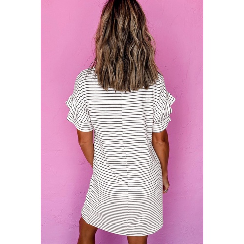 White Stripe Ruffled Short Sleeve Crew Neck T Shirt Shift Mini Dress - L - Main Image