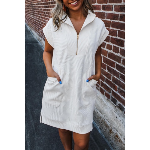 White Textured Half Zip Collared Cap Sleeve Mini Dress - S - Main Image