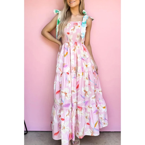 Pink Floral Print Knotted Shoulder Smocked Maxi Dress - L - Main Image