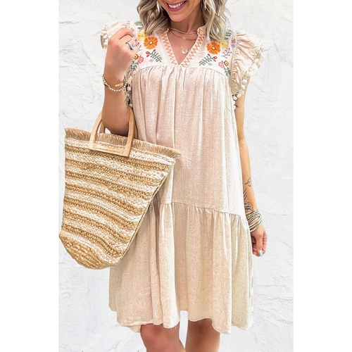 Jet Stream Linen Embroidery Split Neck Pom Pom Ruffle Sleeves Flowy Short Dress - L - Main Image