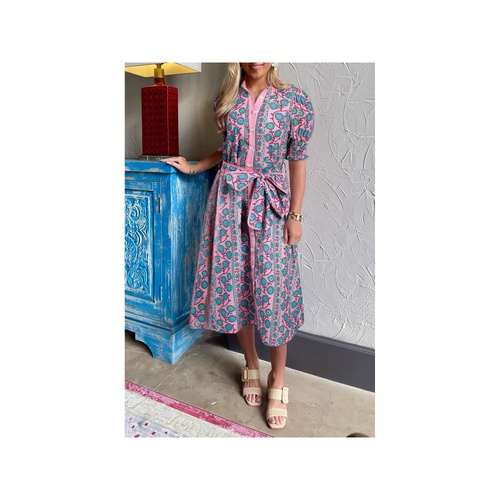 Pink Floral Shirred Puff Sleeve Buttoned Front Midi Dress with Sash - L - Main Image